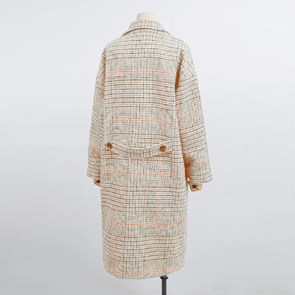Зима осень элегантные женские корейские офисные женские длинные клетчатые пальто свободные теплые шерстяные смеси Пальто повседневные Ol тренчи пальто J30