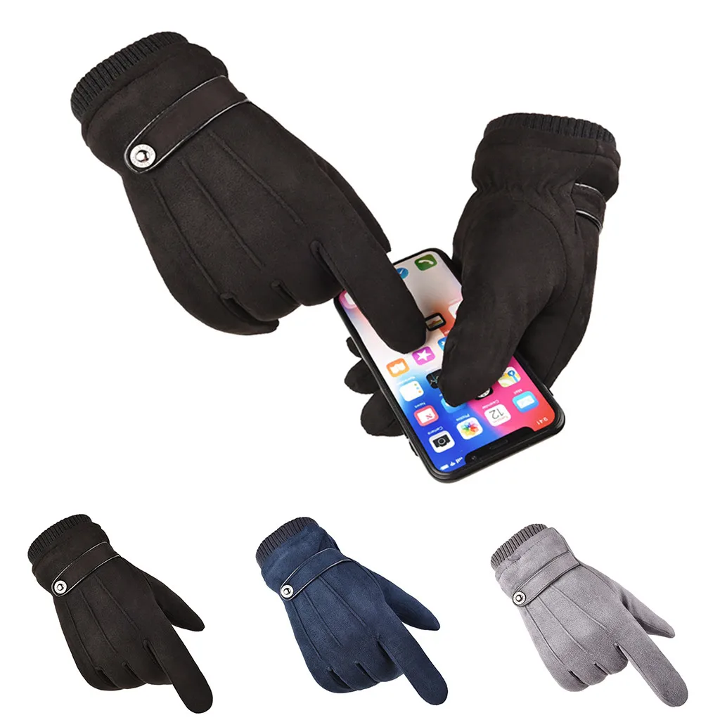 Модные мужские замшевые перчатки для вождения, сохраняющие тепло, с тремя линиями, ветрозащитные зимние замшевые перчатки для экрана, утолщенные наручные перчатки ручной работы