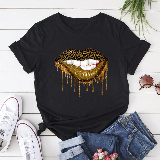 Summer Fashion Shirt Lips Leopard Graphic T Shirt Women Harajuku Tops  O-neck 4 colors Tee Kiss Lip Funny Girls  T-shirt Lips 1 Black