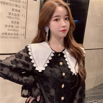 

ZCWXM New 2020 Spring Ins Women's Blouse Chiffon Korean Doll Collar Single-breasted Patchwork Flare Sleeve Transparent Casual