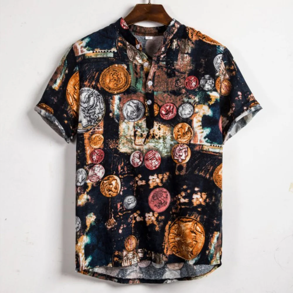 

Men's Tops Shirts Beach Summer Stand Collar Fashion Pullover Slim fit Printed Button Front
