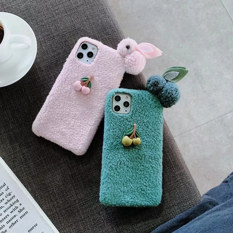 3D Вишневый пушистый чехол для iPhone 11 Pro Max XR XS Max X 7 8 6 Plus кроличья шерсть мех для девочек Симпатичные, из мягкого ТПУ задняя крышка 1 шт