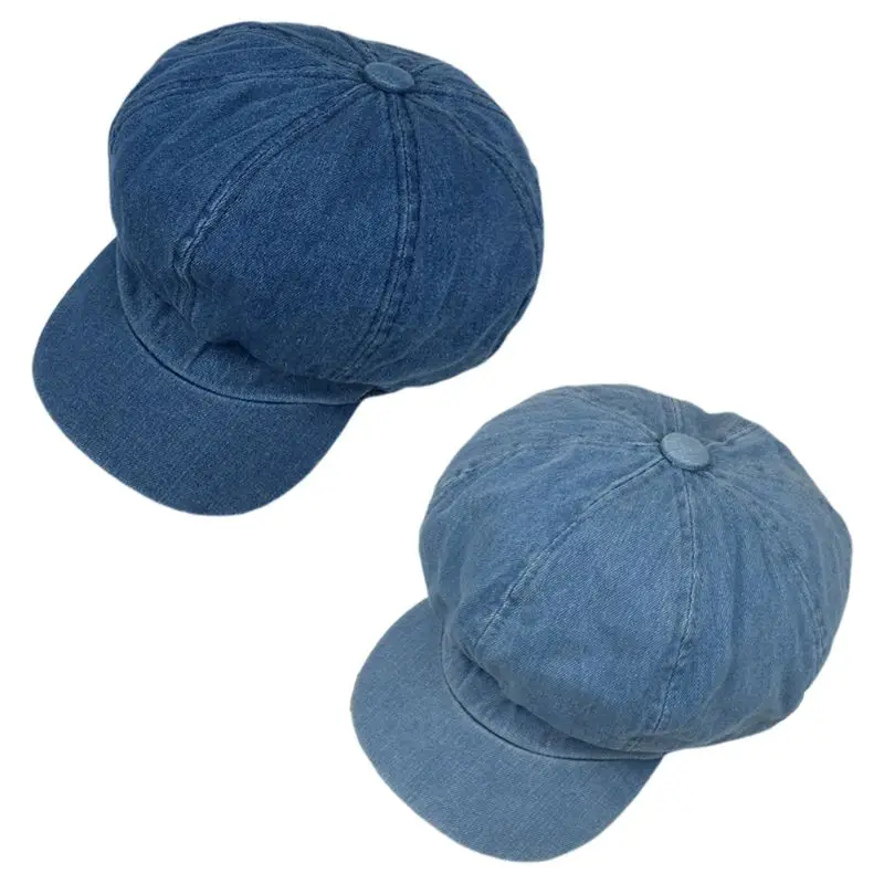 

Women Men Vintage Washed Denim Blue Beret Cap Classic 8-Panel Octagonal Newsboy Painter Cabbie Adjustable Flat Sun Visor Hat