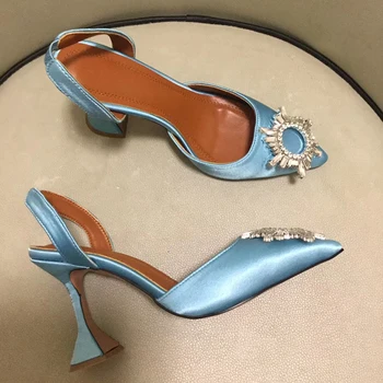 

Satin sandals women pointed toe crystal cup high heel stilettos sexy pumps 2020 new slingback summer wedding bridal shoes women