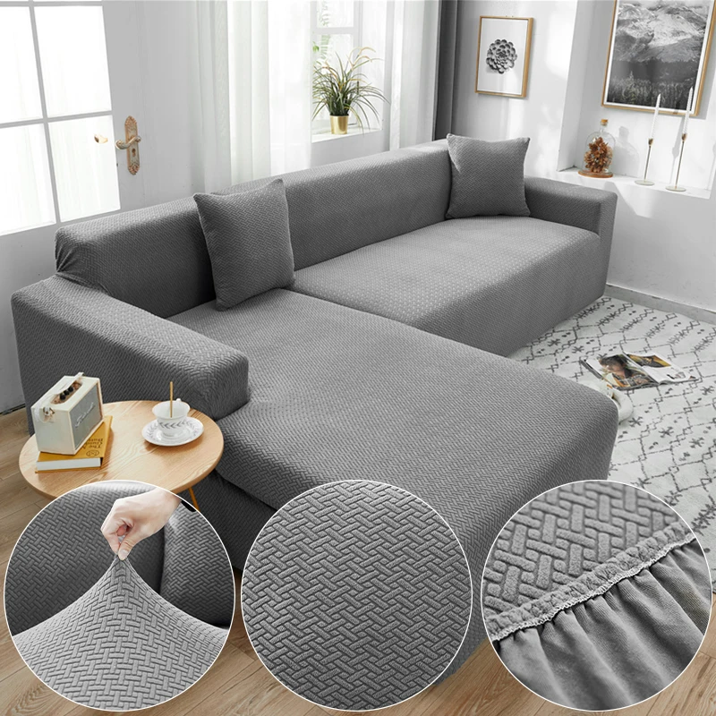 

Polar Fleece Fabric Gray Sofa Cover For Living Room Solid Color All-inclusive Modern Elastic Corner Couch Slipcover 45011