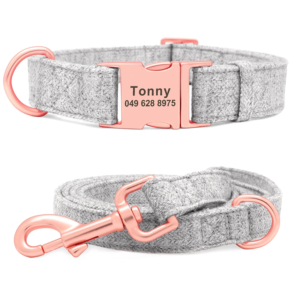 Custom Engraved Dog Collar and Leash Durable Hemp Pet ID Collars Lead Rope With Name Buckle Plate For Small Medium Large Dogs 