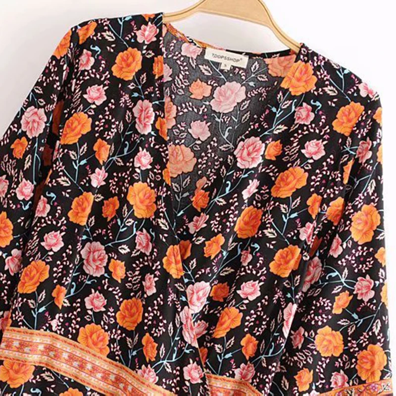 Boho шикарное летнее винтажное платье макси с v-образным вырезом и цветочным принтом для женщин модное платье с бантом и поясом кимоно с рукавами пляжные платья vestidos