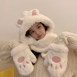 Lovely Scarf Little Bear Lei Feng Hat Gloves One Three Piece Set Sweet Rabbit Ears Thickened Warm Suit Hooded