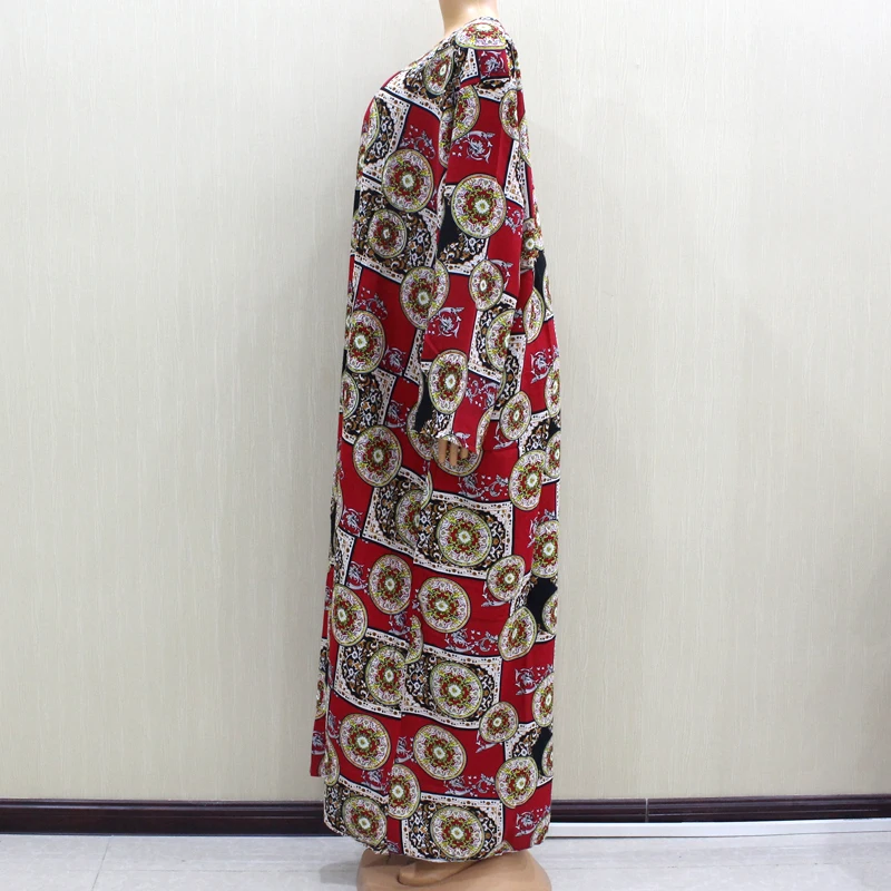 Ethnic Style Vintage Printed Women Maxi Dresses Cotton Long Sleeve Autumn Winter African Dresses with Scarf