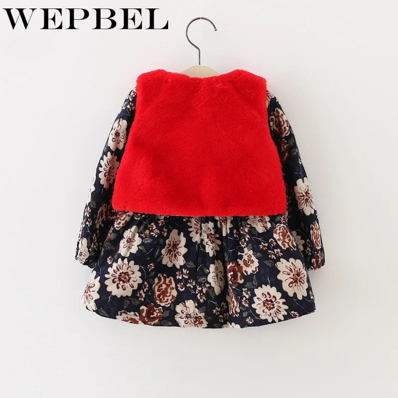 WEPBEL/осенне-зимнее модное меховое платье принцессы для девочек детское платье с цветочным принтом из 2 предметов детское теплое платье с бантом