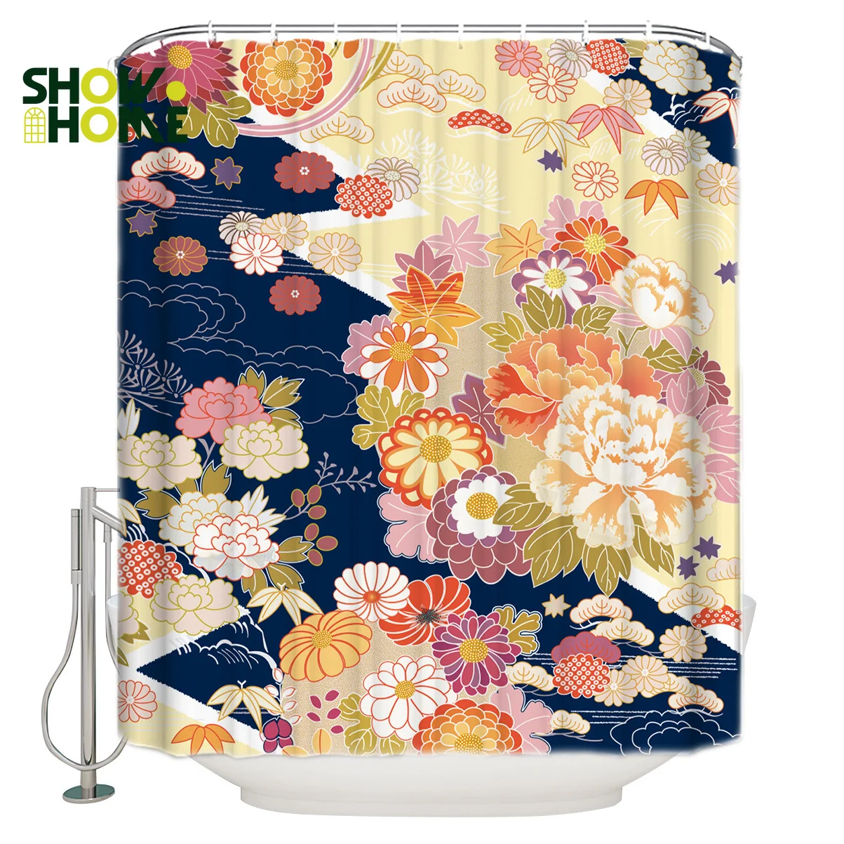 

SHOWHOME Shower Curtain Japanese Pattern Flower Art Shower Curtain Bathroom Decor