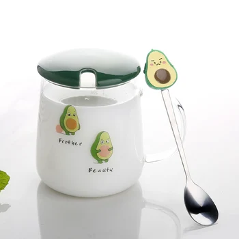 

550ml Nordic style Glass Mug with lid spoon Milk Juice Water Cup Cute cartoon pattern Drinkware Couple Mugs Gifts