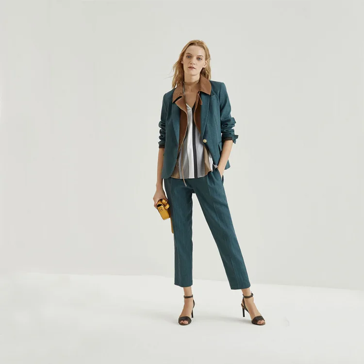 

19 Years Autumn New Style Retro Malachite Green Twill Mechanism Breathable Elastic Waist a Grain Metal Buckle Suit WOMEN'S Suit