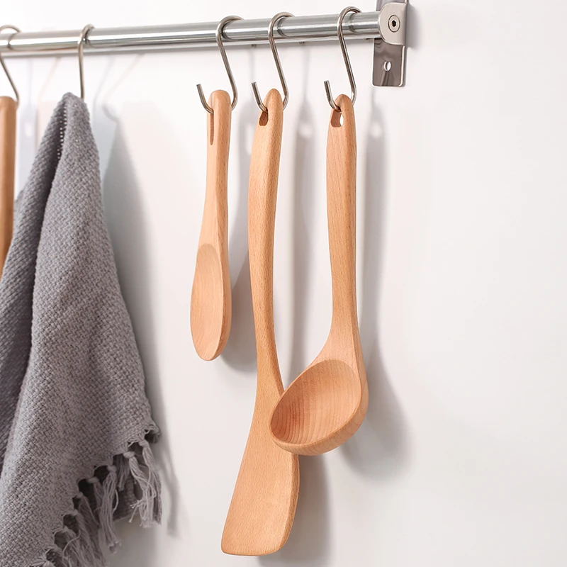 AMINNO 3 pieces Unpainted Wooden Spoon Wood-Shovel Long-handle Natural Solid Wood Non-stick Pan Cooking