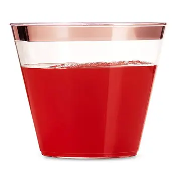 

100 Gold Plastic Cups 9 Oz Clear Old Fashioned Tumblers Gold Rimmed Cups