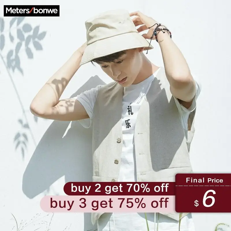 

Metersbonwe Men Vest Fashion Wardrobe waistcoat Slim cotton Linen vest 2019 Decoration Male Sleeveless Smart Casual Pocket Coat