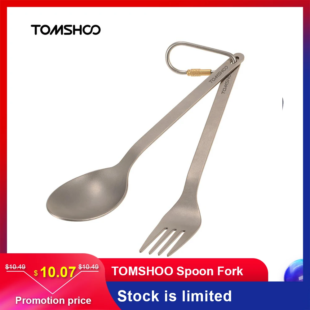 

TOMSHOO Spoon Fork Titanium Tableware Dinner Frok Spoon Cutlery Set Flatware with Carabiner Storage Sack for Outdoor Camping
