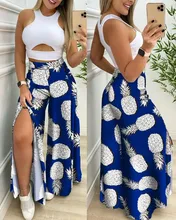 

Wide Leg Pants Suit Women's Clothing 2021 Summer New Fashion Color Contrast Split Long Pants Suits Casual Women Clothes