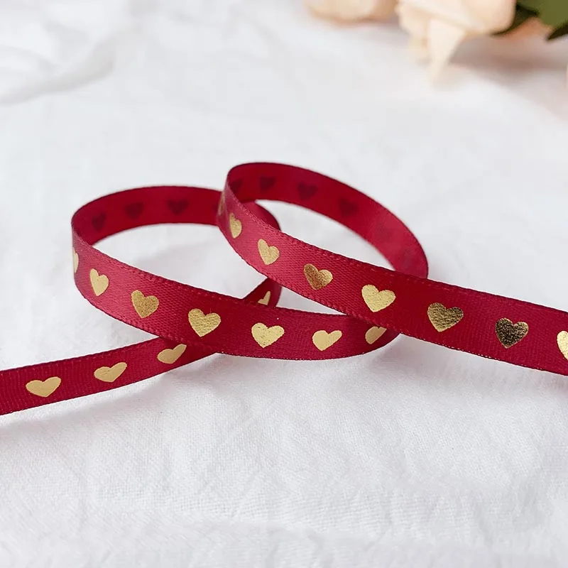 10mm Satin Ribbons Heart Pattern Printed Ribbon 5 Yards for Crafts DIY Bow Handmade Gift Wrap Party Wedding Christmas Decor