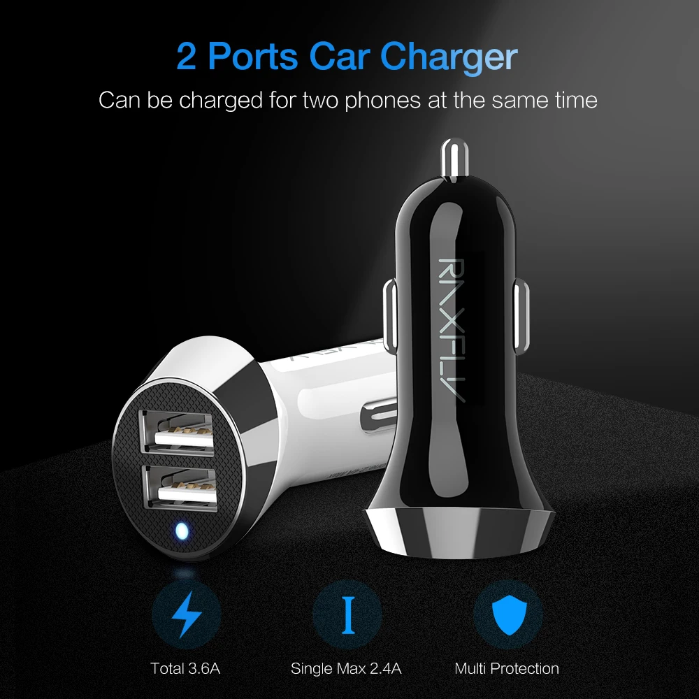 Автомобильное зарядное устройство RAXFLY USB для Xiaomi Mi, быстрое зарядное устройство, автомобильные аксессуары, двойной USB порт 3.6A, автомобильное быстрое зарядное устройство для iPhone, зарядка