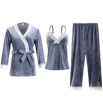 

Female 2020 New 3PCS Pajamas Suit Velvet Soft Sleepwear Intimate Lingerie Lace Patchwork Kimono Bathrobe Gown Nightgown Homewear