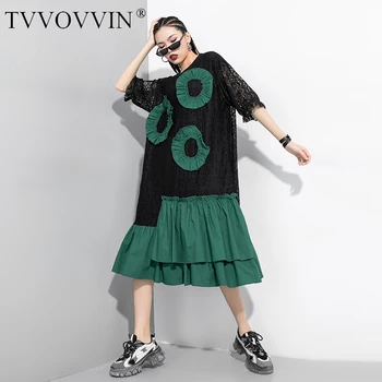 

loose Women Lace Split Ruffles Big Size Long Dress Round Neck Half Sleeve Loose Fit Fashion Tide Spring Summer 2020 RGP3