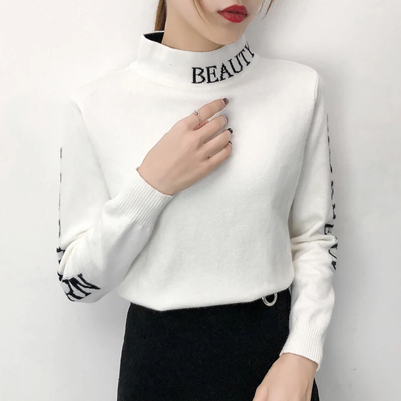white H han queen осенний корейский свитер с высоким воротом Женский вязаный пуловер с длинными рукавами и надписью Женская свободная эластичная повседневная одежда - Цвет: white