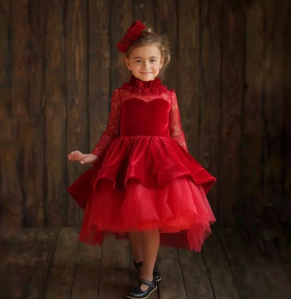 Милые красные пышные вечерние платья для девочек, атласное Пышное фатиновое платье с бантом для маленьких девочек, платье с длинными рукавами для дня рождения