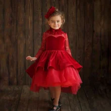 Милые красные пышные вечерние платья для девочек, атласное Пышное фатиновое платье с бантом для маленьких девочек, платье с длинными рукавами для дня рождения