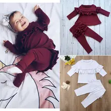 Комплекты осенне-зимней одежды для маленьких девочек от 0 до 24 месяцев топ с длинными рукавами винно-Красного цвета+ длинные штаны с оборками спортивный костюм