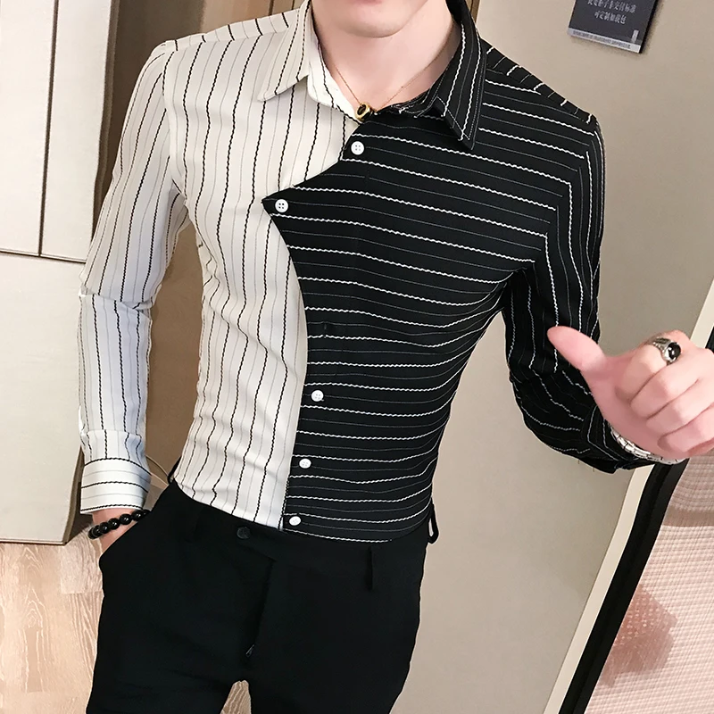 British Style Fashion Men Striped Shirt Autumn Winter Long Sleeve Thick Shirts For Men Streetwear Slim Fit Casual Club Tuxedo