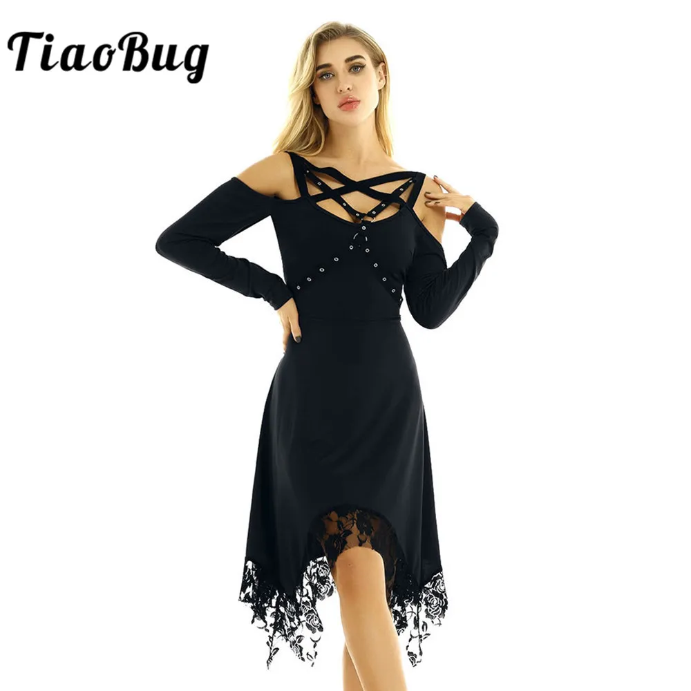 

TiaoBug Women Vintage Gothic Off Shoulder Long Sleeves Irregular Lace Hem Solid Color Stage Performance Casual Party Midi Dress