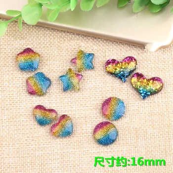 

Mini Order 10pcs 16mm Flatback Rainbow Colors Glitter Resin Cabochons Kawaii Sar Heart Round Flower Clay Beads material DIY
