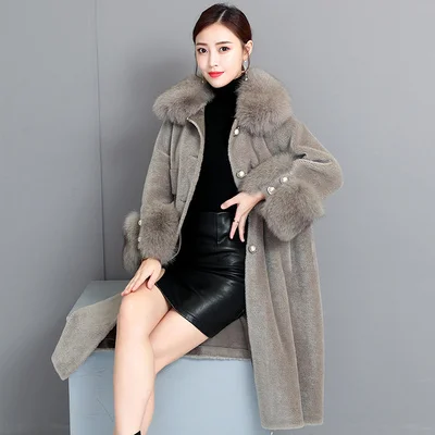 Women winter faux fox fur collar warm artificial sheep fur cashmere fabric medium long coat casacos abrigos plus size MLXLXXL4XL