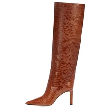 Европа и США заостренные квадратные с этими ботинками на подиуме верховой езды; сапоги до середины икры; ботинки с узором «крокодиловая кожа» для женщин