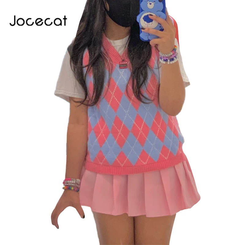 

Jocecat Argyle Plaid Pink Sweet Knitted Sweater Vest Female Preppy Style Y2K Clothes V Neck Casual 90s Knitwear Autumn Winter