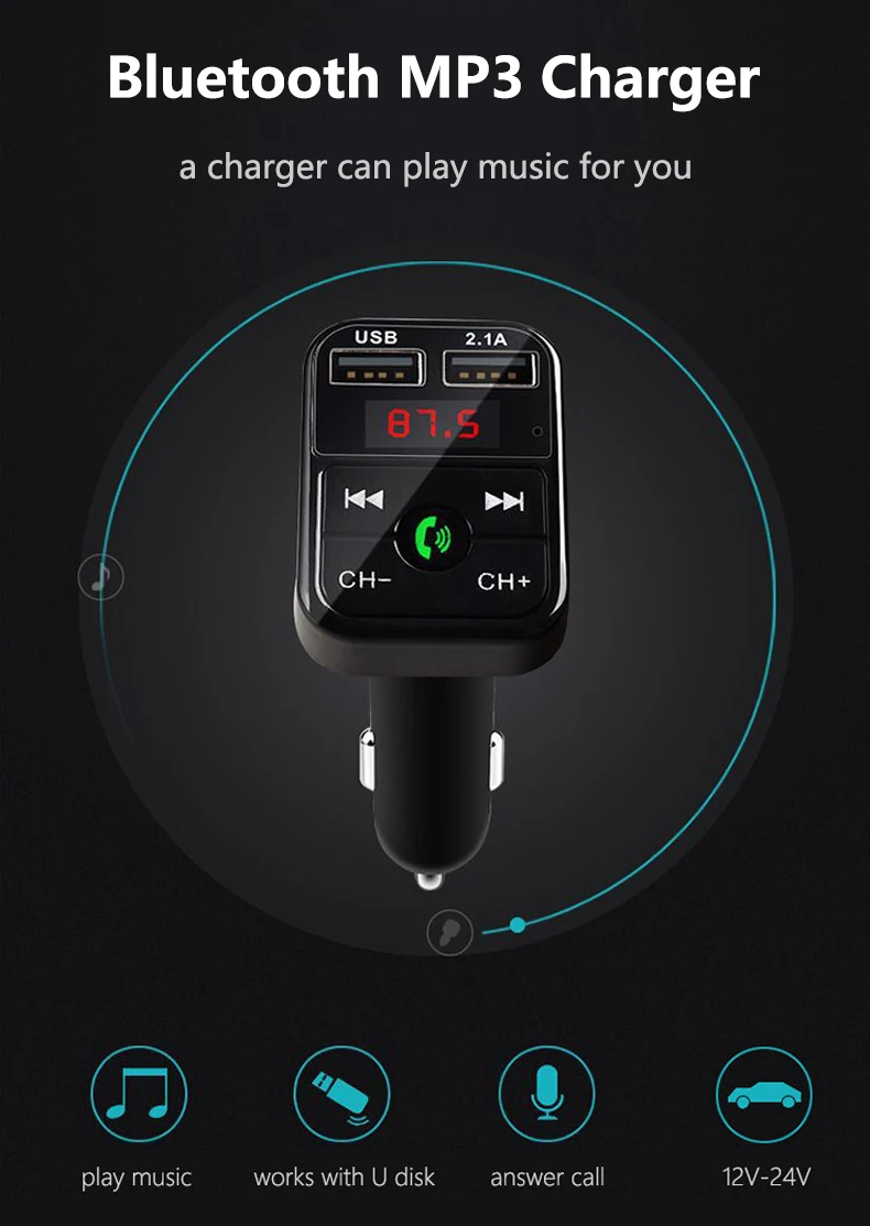 Fm-передатчик Bluetooth USB Автомобильное зарядное устройство адаптер с двумя портами беспроводной громкой связи автомобильный комплект MP3-плеер автомобильный прикуриватель адаптер