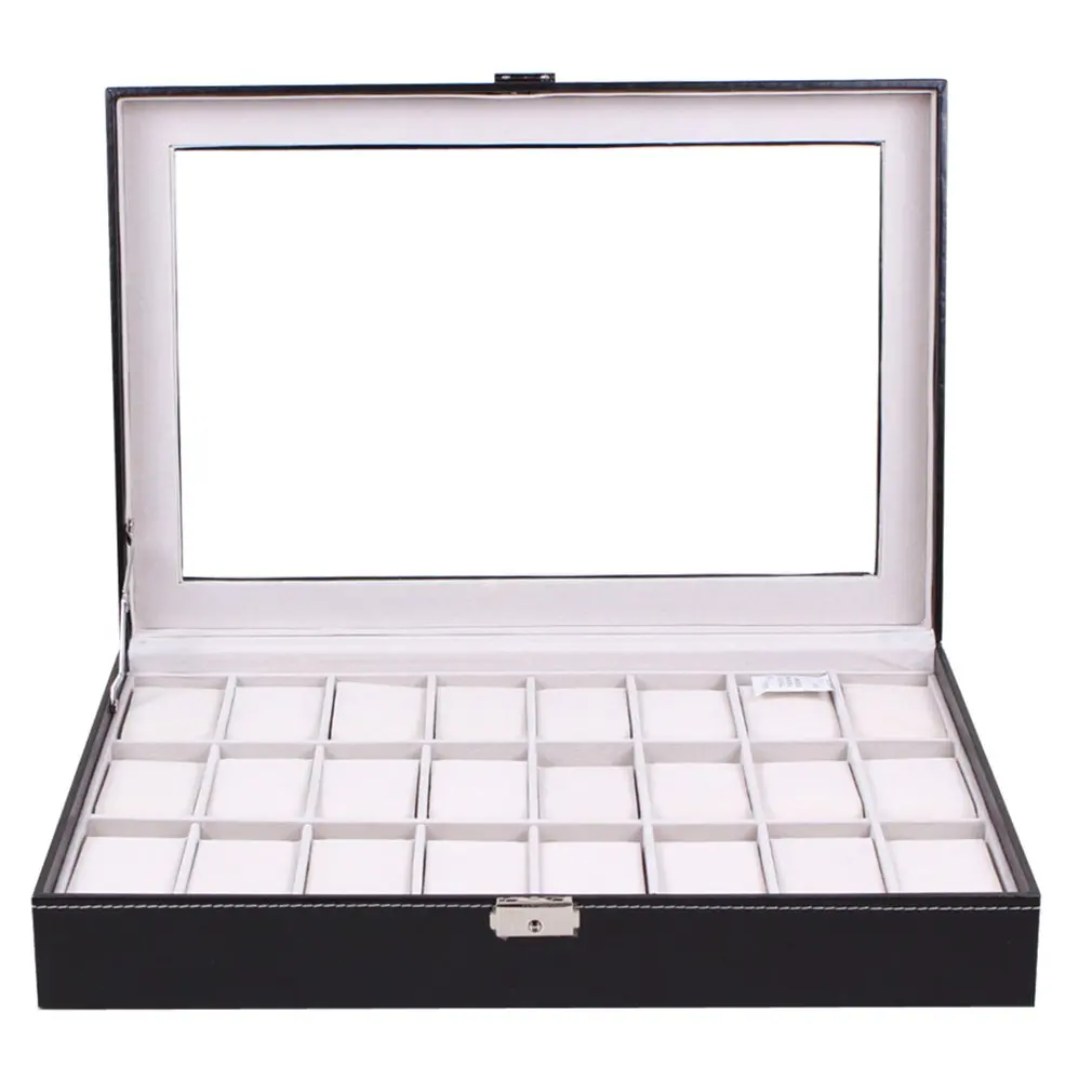 

24 Grids Transparent Glass Black PU Leather Watch Box Jewelry Storage Case Organizer Classical Watches Display Casket