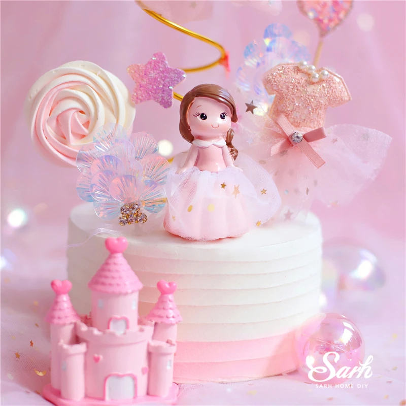 

Pink Mesh Princess Decoration Spiral Yarn Sequin Wedding Party Supplies Bride Castle Happy Brithday Cake Topper Baking Love Gift