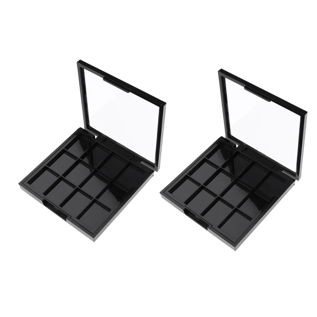 2Pcs Empty Powder Makeup Palette Case for Eyeshadow Blusher Lipstick Cosmetic DIY Plate, 12 Grids, Black