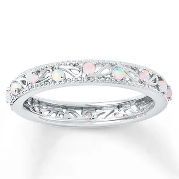 

Dainty Round Fire White Opal Wedding Finger Rings for Women Hollow Promise Engagement Ring Fashion Opals Jewelry 2019