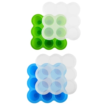 

New 2x Baby Food Storage Container and Freezer Tray with Silicone Clip-on Lid - 9X2.5Oz Easy-Out Portions - Blue & Green