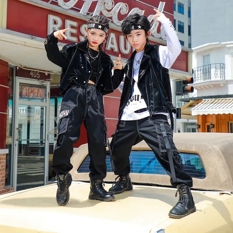 

Детская стильная одежда для девочек и мальчиков, куртка без рукавов из ПУ, топ, жилет, уличная одежда, тактические брюки-карго, танцевальный костюм в стиле хип-хоп