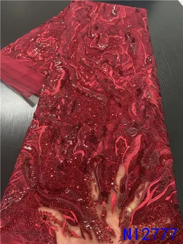 

Red gorgeous French lace hand embroidered pearls and sequins fabrics styles MR3121B