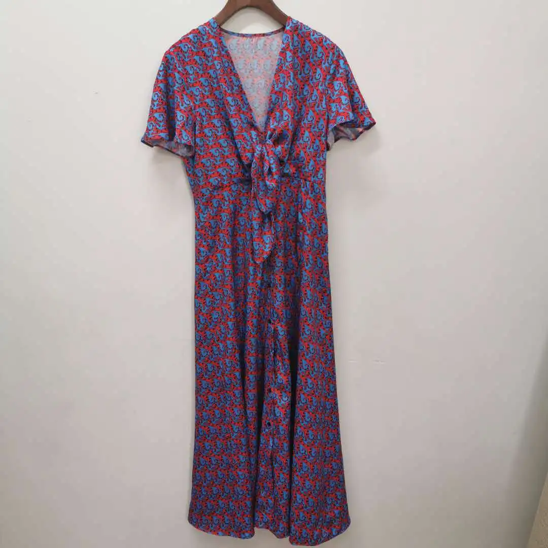 

2020 Spring New retro Printing Slim Stylish Short-sleeved cross V-neck long dress