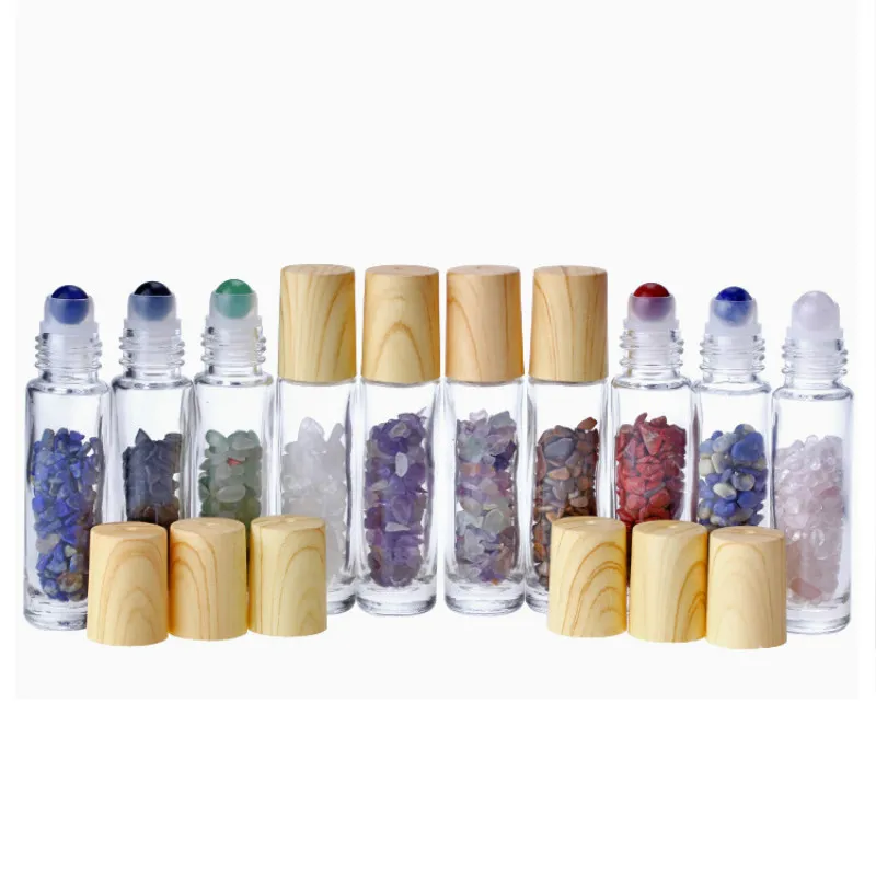 

Natural Gemstone Jade Roller Bottle Plastic Wood Grain Lid Refillable Essential Oil Bottle 10ml 10pcs P230