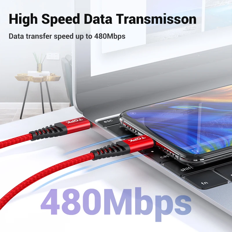 Кабель TOPK 60 Вт PD USB Type C к для зарядного устройства QC3.0 3A кабель быстрой зарядки