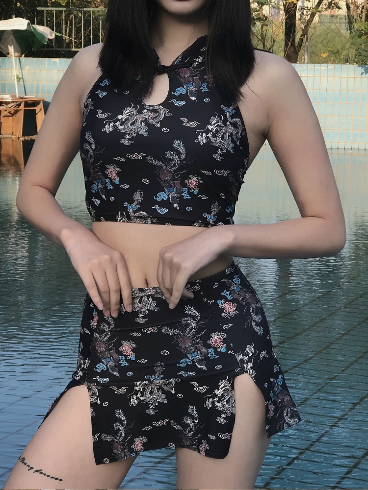 2019 swimsuit Chinese qipao style bikini hollow out swimwear women dragon phoenix print backless monokini sexy bathing suit 2019 swimsuit Chinese qipao style bikini hollow out swimwear women dragon phoenix print backless monokini sexy bathing suit