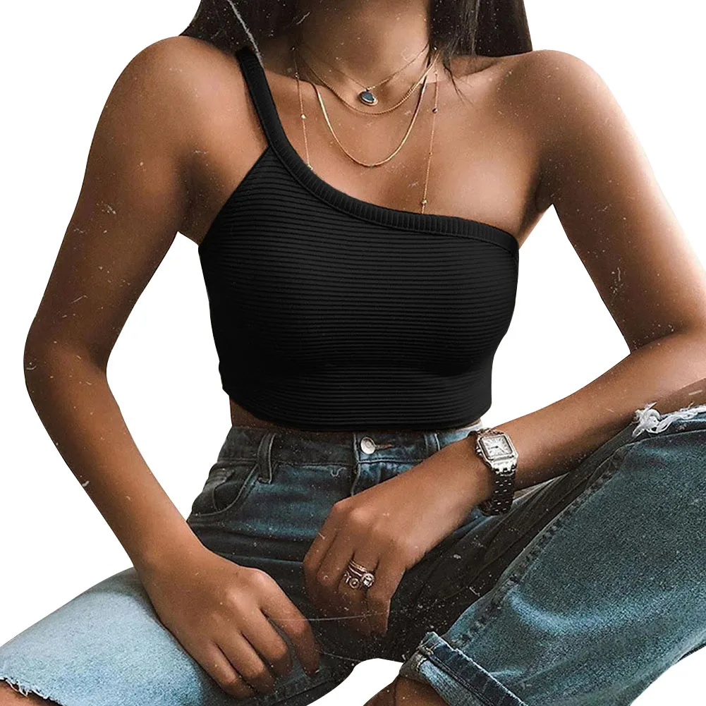 

Women Sexy Irregular Single Shoulder Vest Camisole Fashion Solid Color Slim Fit Bottoming Top