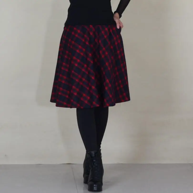 red plaid Модная весенняя зимняя женская клетчатая юбка элегантная тонкая высокая талия плиссированная повседневная юбка женская юбка миди от OL S452 - Цвет: red plaid